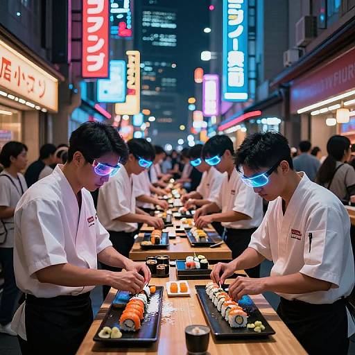 Photograph of neon-lit Japanese street at night, featuring several male chefs in white uniforms with blue glowing visors, preparing sushi at wooden tables.