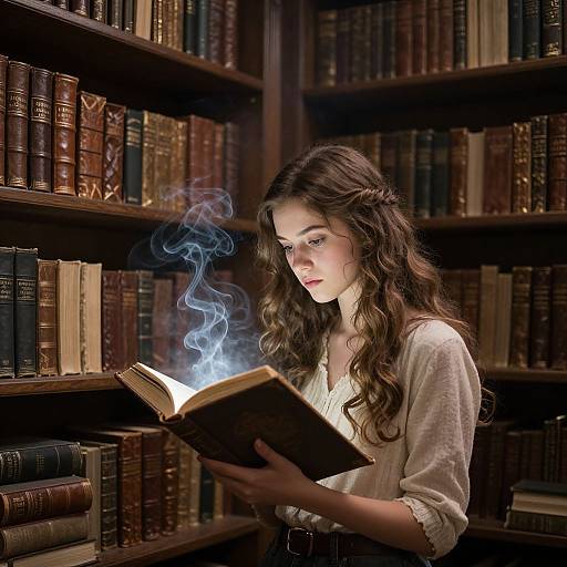 Young woman with long, wavy brown hair reading a glowing book in a dimly lit, wooden bookshelf-filled library. Ethereal blue smoke rises