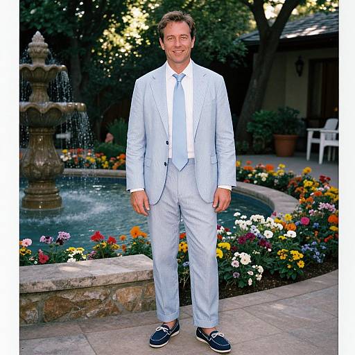 Photograph of a smiling man in light blue suit, white shirt, and navy loafers, standing in a garden with a fountain and colorful flower bed