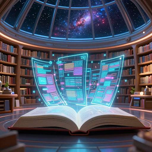 Digital art: Glowing, neon book pages float above an open book in a circular library with a starry, galaxy-themed dome ceiling.