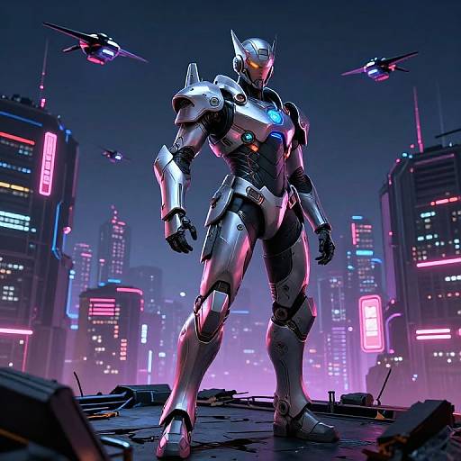 CGI image of a futuristic, silver armored robot standing in a neon-lit, cyberpunk cityscape with flying drones and glowing skyscrapers.