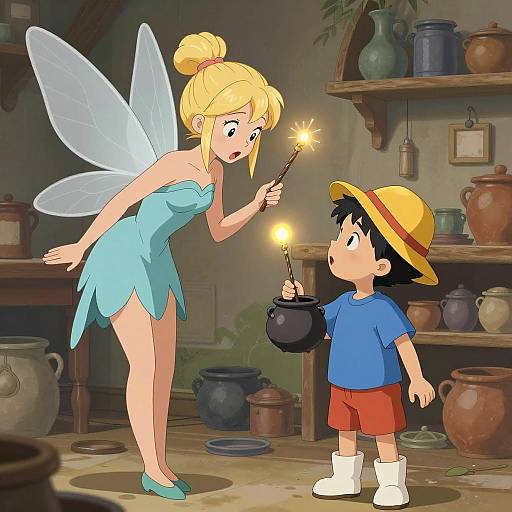 Blonde Fairy and Boy with Magic Wands in Cozy Room