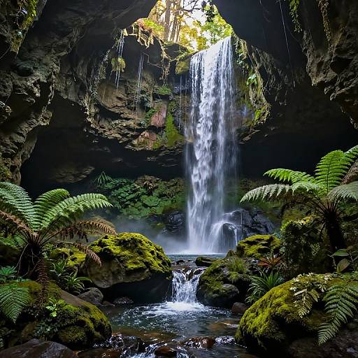 Photograph of a lush, moss-covered cave with a cascading waterfall, surrounded by vibrant green ferns and rocky textures. Sunlight filters through the