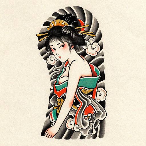 Digital illustration of a beautiful Asian woman in a traditional green and red kimono with black hair adorned with gold hairpins. She gazes sideways with a