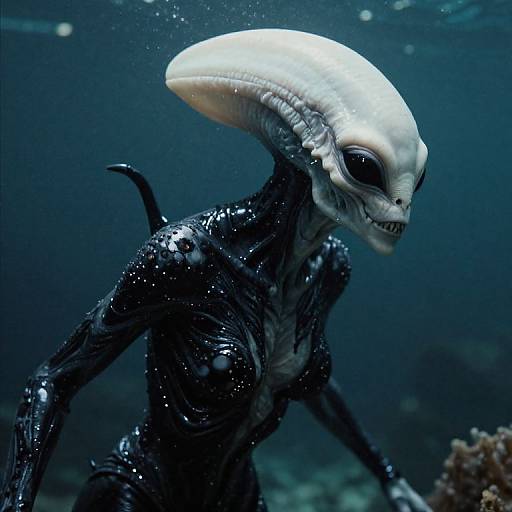 Photograph of a dark, glossy, alien creature with a large, white, skull-like head and black, slimy body swimming underwater.