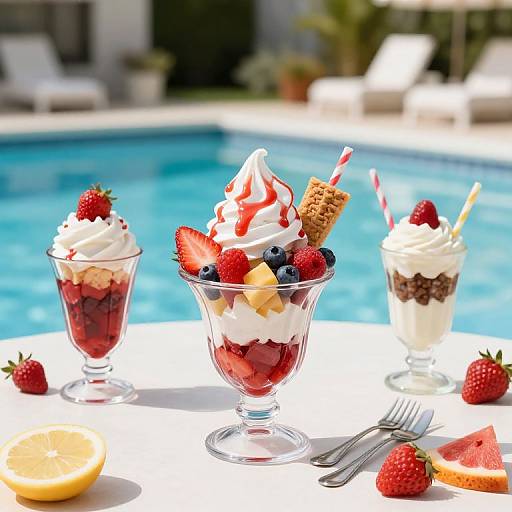 Photograph of three dessert glasses with whipped cream, fruit, and chocolate, by a clear blue pool, with strawberries and utensils on a white table