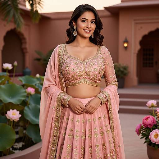 Photograph of a smiling South Asian woman in a pink traditional lehenga with gold embroidery, standing in a garden with lotus flowers and pink roses,