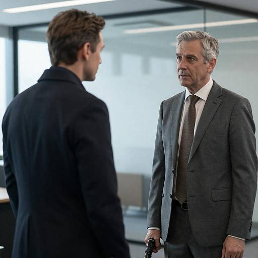 Photograph of two men in a modern office; older man with gray hair, gray suit, and brown tie, facing younger man in black suit,