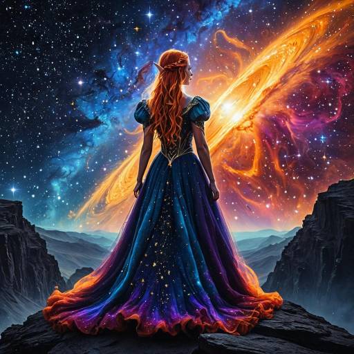 Cosmic Elf Standing on Cliff with Quasar Background Cosmic Elf Standing on Cliff with Quasar Background