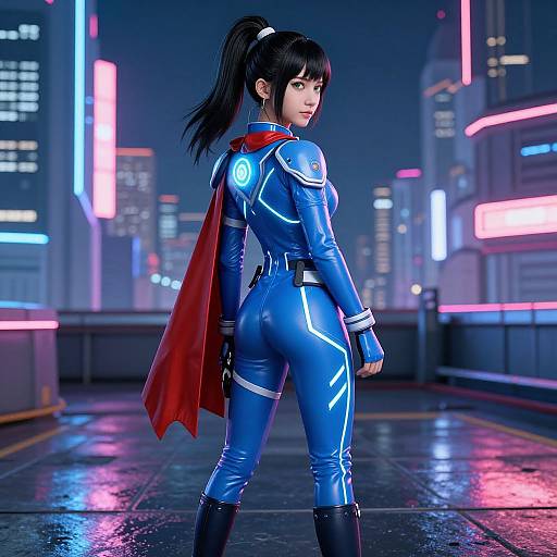 CGI image of a young Asian woman in a blue, form-fitting superhero suit with red cape, standing in a neon-lit, futuristic city