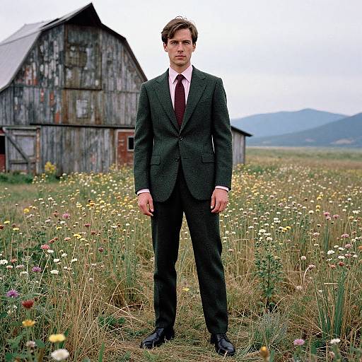 Man in Stylish Suit in Wildflower Field