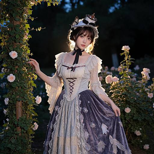 Photograph of an East Asian woman in Victorian-style lace dress with black ribbon, floral crown, standing in a twilight garden.