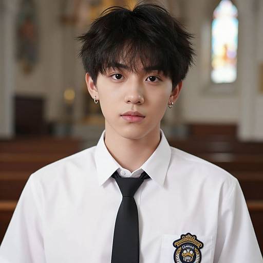 Photograph of an Asian teenage boy with black, spiky hair, wearing a white school uniform shirt with a black tie and emblem, standing in a