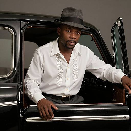 Photograph of a confident Black man with dark skin, wearing a white button-up shirt, black pants, and a gray fedora, leaning out of