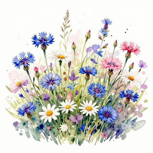 Watercolor painting of a vibrant bouquet featuring blue, pink, white, and purple wildflowers with green stems, set against a white background.