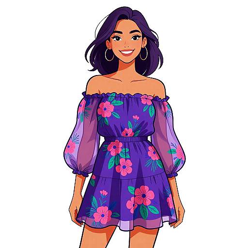 Digital illustration of a smiling woman with dark hair, wearing an off-shoulder, purple floral dress with pink flowers and green leaves, and large hoop