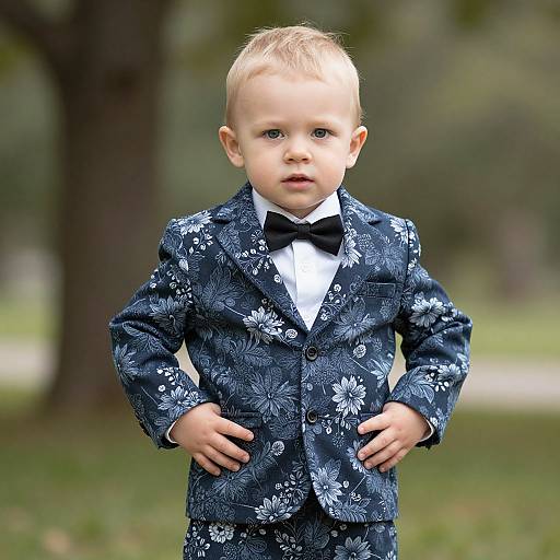 Photograph of a cute, blond toddler boy in a blue floral suit with a black bow tie, standing outdoors with hands on hips.