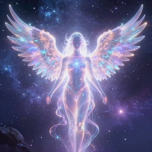 Digital art of a glowing, ethereal angel with radiant blue and white wings, standing in a starry, cosmic night sky.
