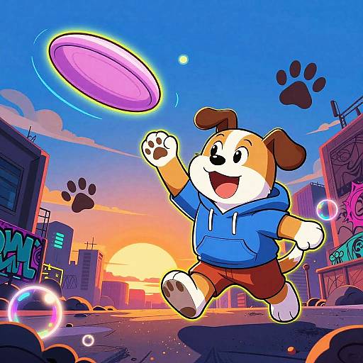 Cartoon dog in blue hoodie joyfully catches pink frisbee in vibrant, graffiti-filled urban sunset. Paw prints and glowing orbs decorate the colorful,