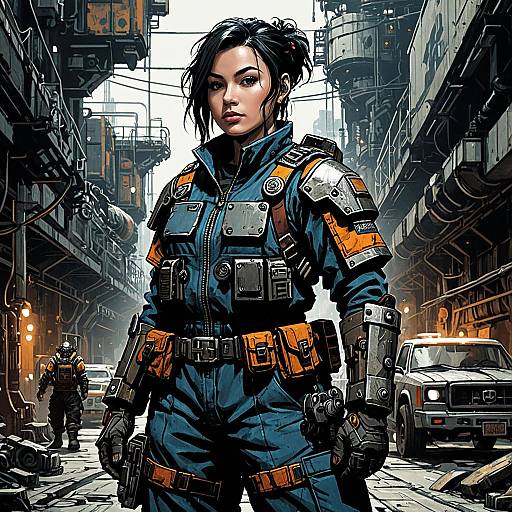 Cyberpunk Female Engineer in Armored Jumpsuit