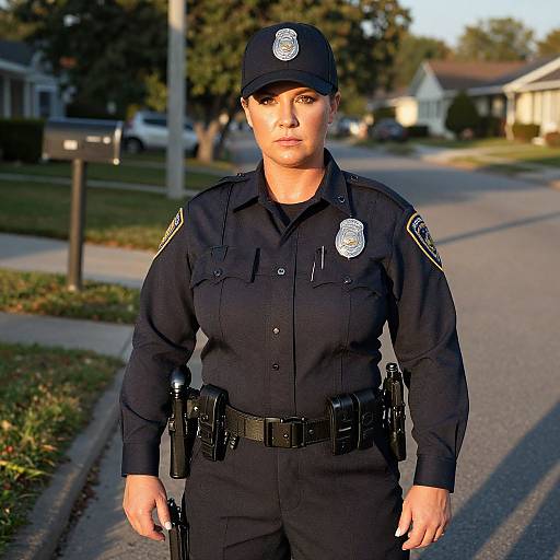 Photograph of a serious female police officer in dark uniform with badge, cap, and utility belt, standing on a suburban street.