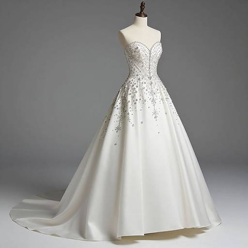 Photograph of a white, strapless, ball gown with a sparkling silver bodice and full skirt, displayed on a mannequin against a gray