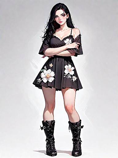 Stylish Woman in Dark Floral Mini Dress and Black Boots