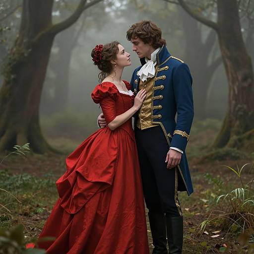 Photograph of a romantic forest scene: a young woman in a red, ruffled dress and a young man in a blue military-style coat with gold