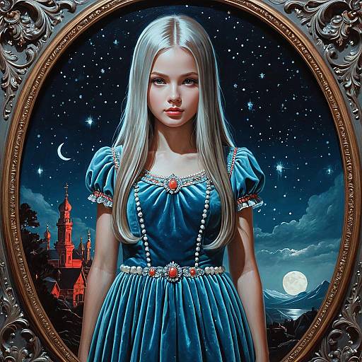 Moonlit Silver-Haired Girl in Velvet Gown