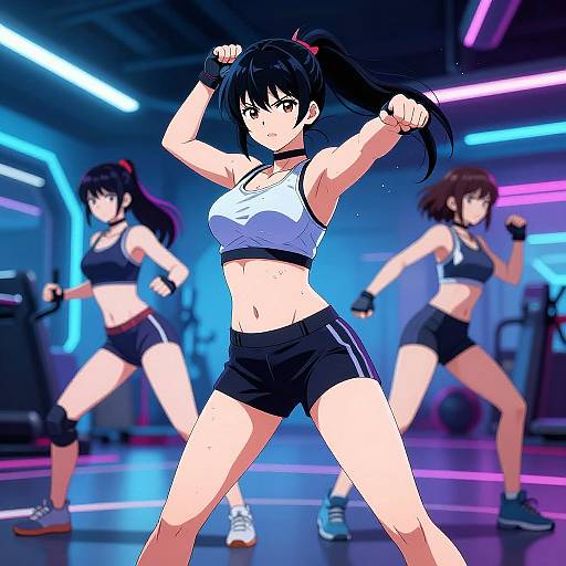 Digital anime-style artwork of three determined women in sports bras and black shorts, boxing in a neon-lit gym. Foreground woman leads with fists raised