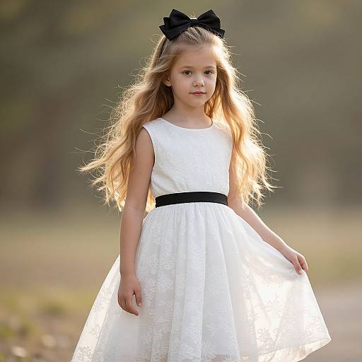 Photograph of a young blonde girl with long, wavy hair, wearing a white lace dress with a black belt and black bow headband, standing