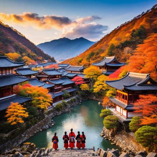 Autumn Village with East Asian Architecture