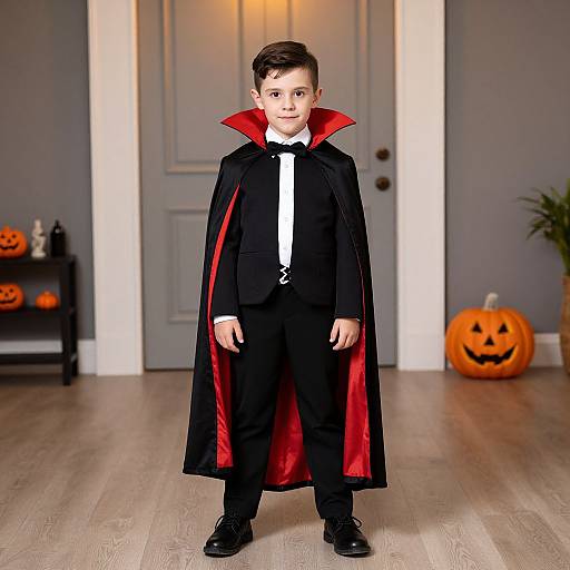 Photograph of a young boy in a black vampire costume with red lining, white shirt, black pants, and black shoes, standing in a room with