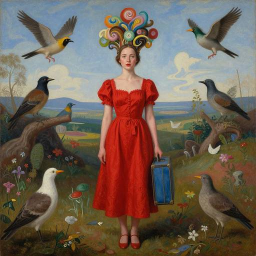 Surrealist painting: fair-skinned woman in red dress, elaborate headdress, holding blue box, surrounded by birds in vibrant, floral meadow