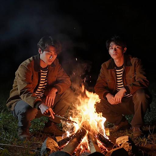 Two Men Sitting by Campfire at Night
