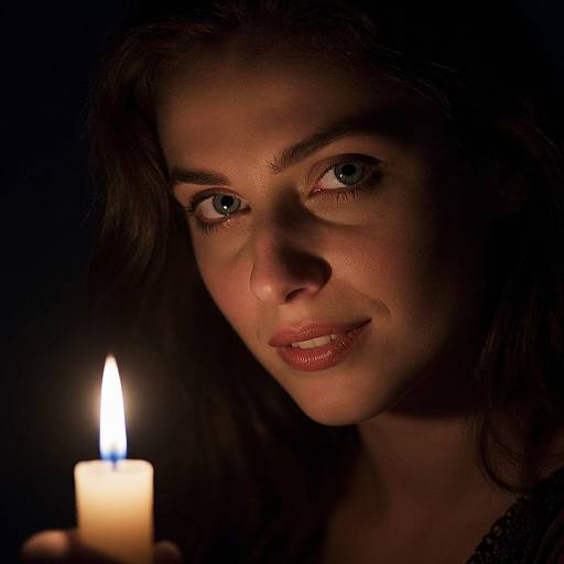 Close-up photograph of a woman with blue eyes, dark brown hair, and red lips, holding a lit candle against a black background.