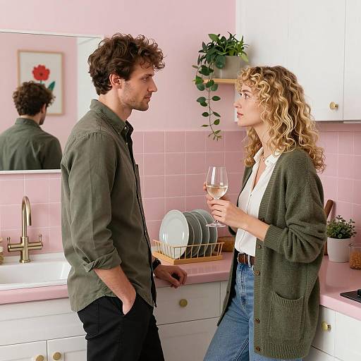 Couple in a Stylish Pink Kitchen