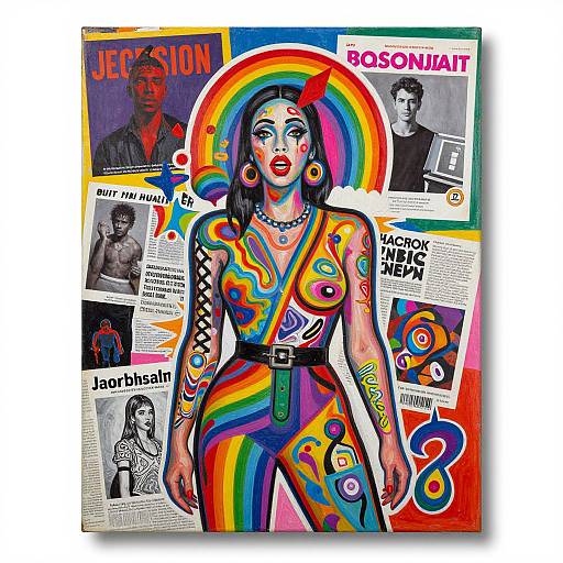 Photograph-style digital collage of a woman with colorful, psychedelic tattoos and rainbow-patterned bodysuit, surrounded by black-and-white magazine cutouts.