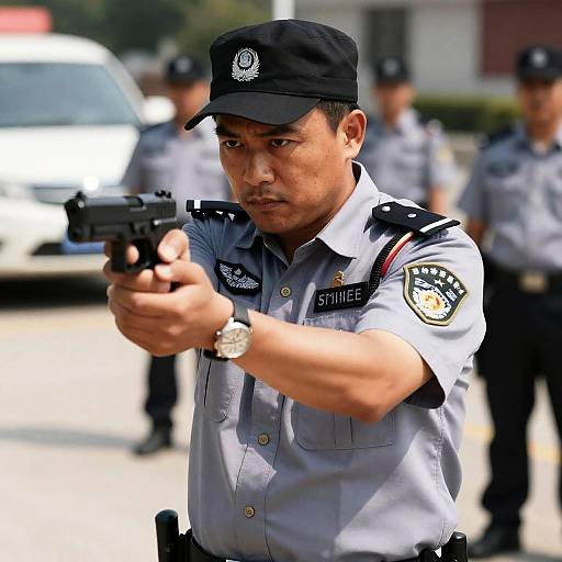 Intense Security Officer Aiming Handgun