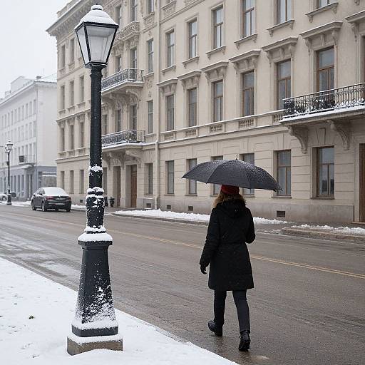 Photograph of a woman in a black coat and umbrella walking on a snowy, deserted street past elegant, snow-dusted buildings.