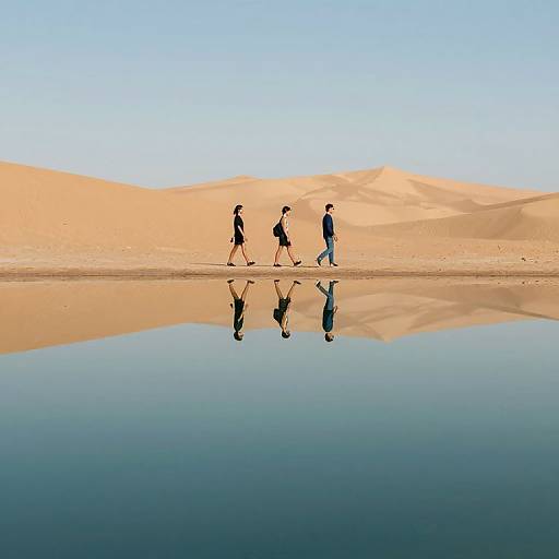 Photograph of three people walking across a calm desert reflection pool, with golden sand dunes and clear blue sky.