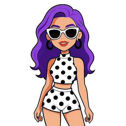 Cartoon-style digital drawing of a confident woman with purple hair, white polka-dot outfit, black sunglasses, and hoop earrings.