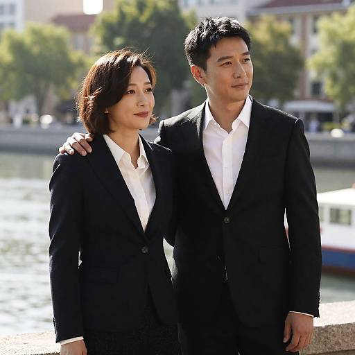 Photograph of an Asian couple in black suits and white shirts, standing outdoors by a river with trees and buildings in the background. Woman has short brown