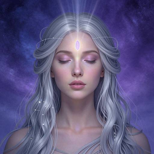 Digital art of a serene, ethereal woman with long, silver hair, closed eyes, and a glowing third eye on her forehead, set against a
