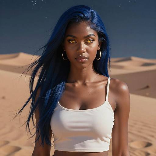 Photograph of a stunning dark-skinned woman with long, vibrant blue hair, glowing yellow eyes, wearing a white crop top, hoop earrings, standing