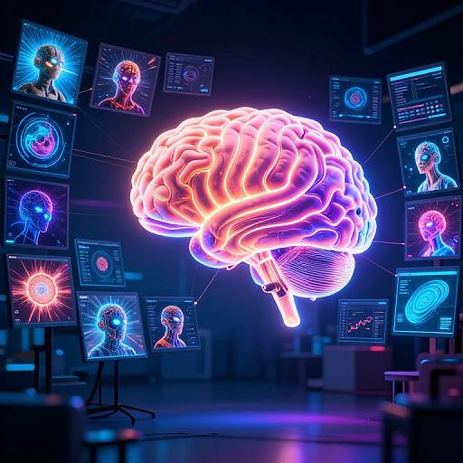 Neon-lit, glowing brain hologram in a dark room surrounded by high-tech computer monitors displaying blue and pink brain scans. Digital, futuristic,