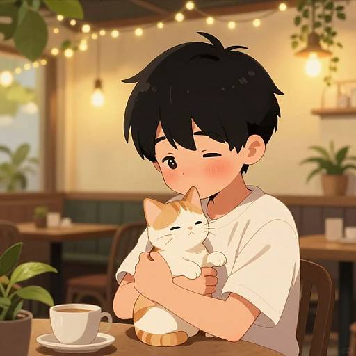 Anime-style drawing of a blushing boy with black hair, winking, hugging a white and orange cat at a cozy café. String lights,