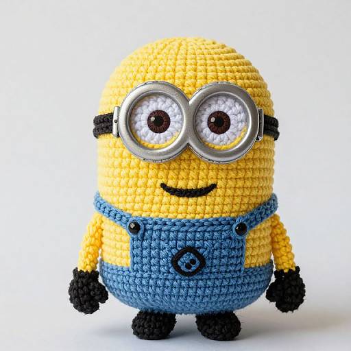 Crocheted Minion toy with yellow body, blue overalls, black gloves, and round glasses, featuring large white eyes and a small smile.