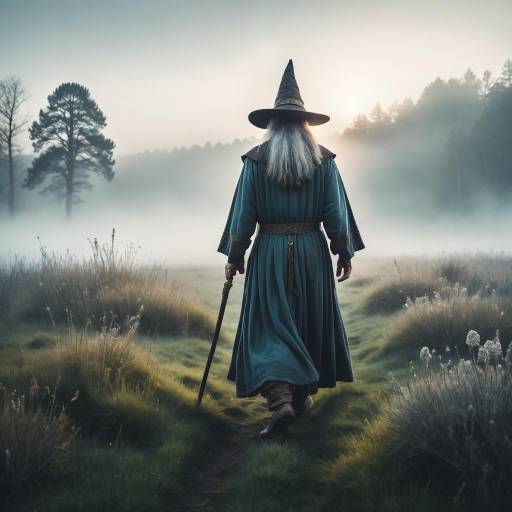 Wizard Walking in Misty Field