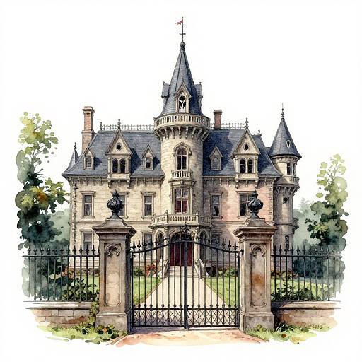 Victorian Manor Retro Watercolor Scene